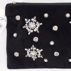 LOFT BLACK LARGE FLORAL VELVET CRYSTAL EMBELLISMENT BAG PURSE CLUCH NWT